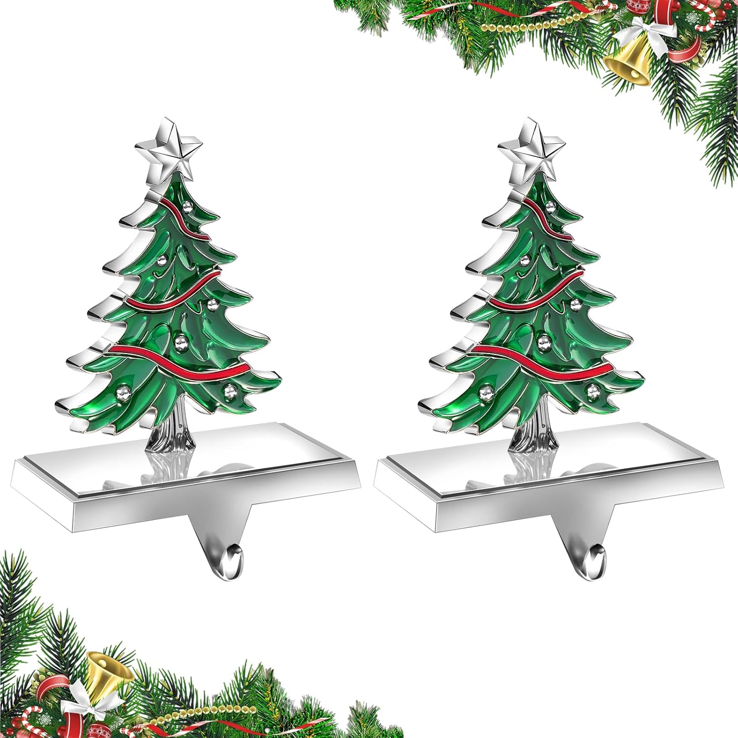MERRI GLOW Christmas Stocking Holders for Mantle Set of 2, Heavy Duty 3D Stocking Stand Weighted Stocking Hooks Christmas Ornaments Decorations for Fireplace Tabletop