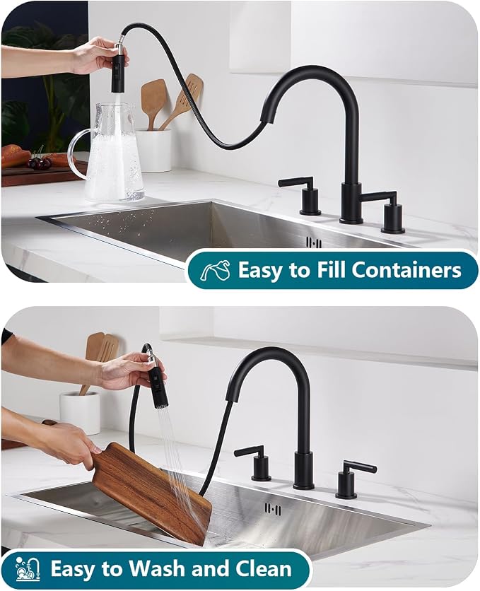Tohlar Grifo de cocina de 3 agujeros negro, 2 manijas para fregadero de cocina, grifo de cocina negro con rociador extraíble, grifos de fregadero de cocina, grifo de acero inoxidable negro mate para fregadero de cocina