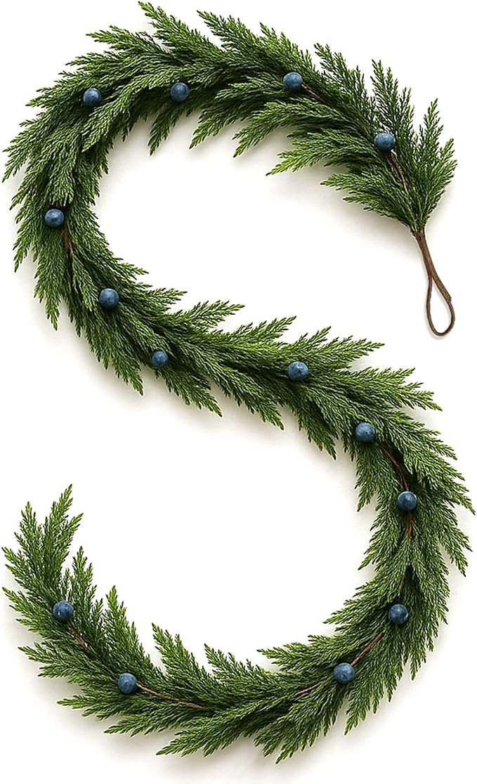 Dingion Guirnalda de enebro de Navidad de 6 pies, guirnalda artificial de pino de tacto real con arándanos realistas, decoraciones de Navidad para repisa, chimenea, mesa, centro de mesa