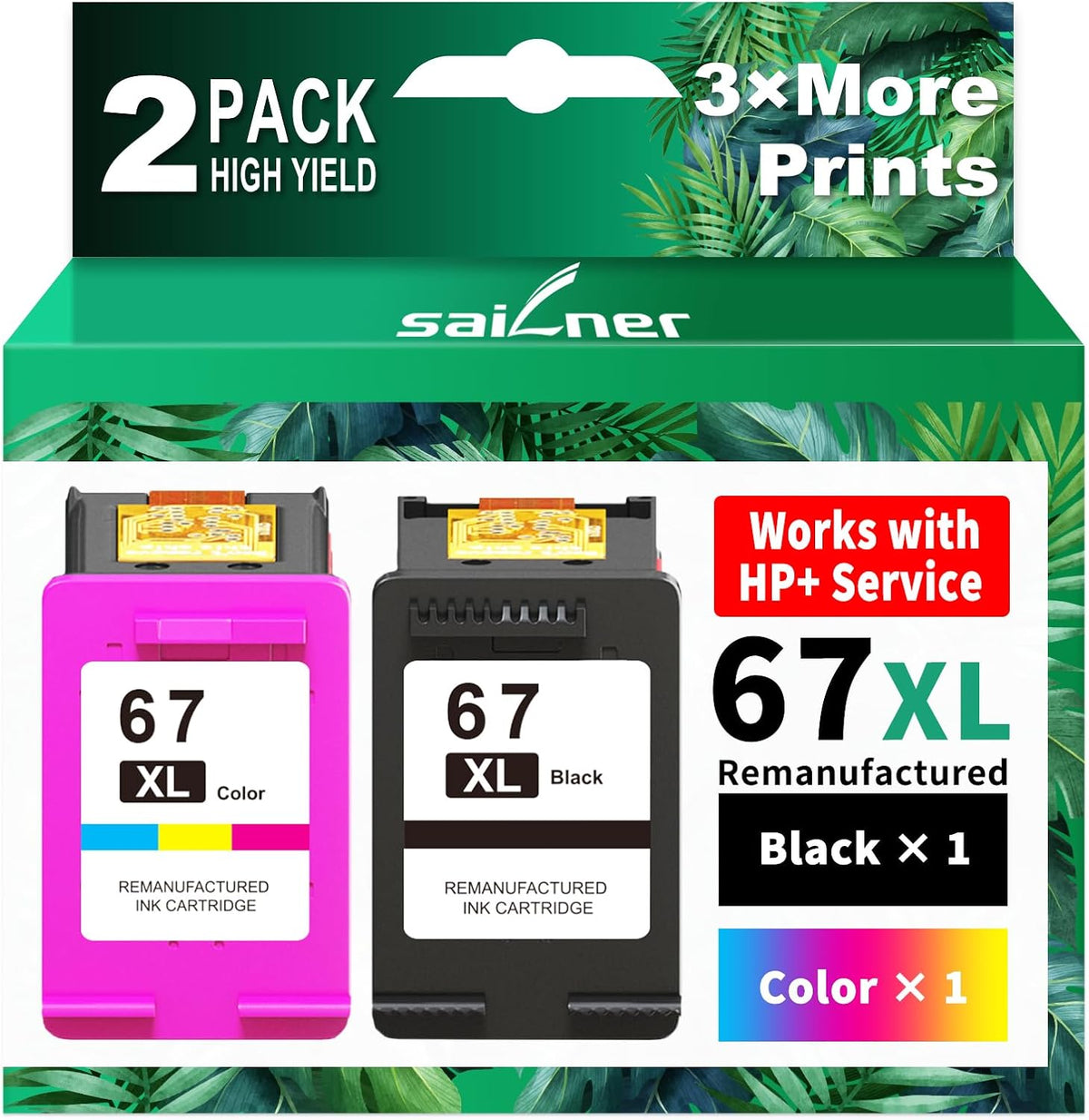 Cartuchos de tinta SAILNER 67XL, paquete combinado negro/color, repuesto para HP Ink 67 HP67XL (paquete de 2 de alto rendimiento), compatibles con las impresoras HP DeskJet 2755e, 2855e, 2700e, 4155e, 2734e, 2827e, 4100e, Envy 6055 y 6455e.