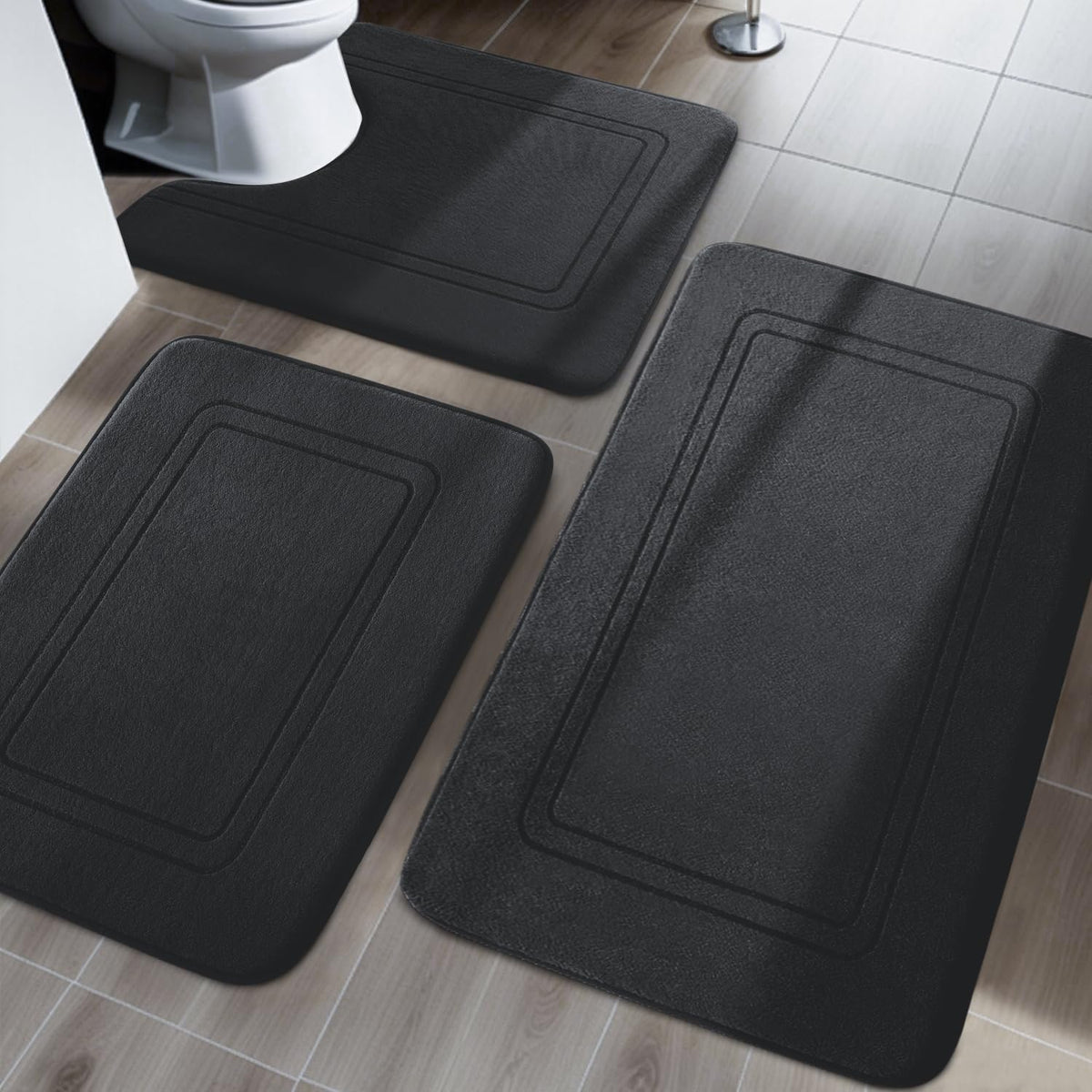 YIHOUSE Set de Alfombras de Bano Memory Foam | Antideslizantes, Suaves y Absorbentes, Lavables, Tapete en U (Negro)