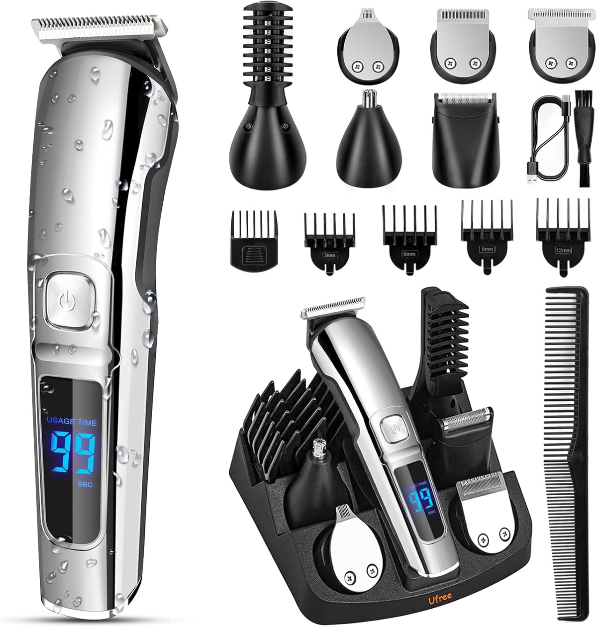 Recortadora de barba Ufree para hombre, afeitadora eléctrica impermeable para nariz, cuerpo, cara y bigote, kit de aseo con cortapelos inalámbrico, regalos para hombres, maridos y padres.