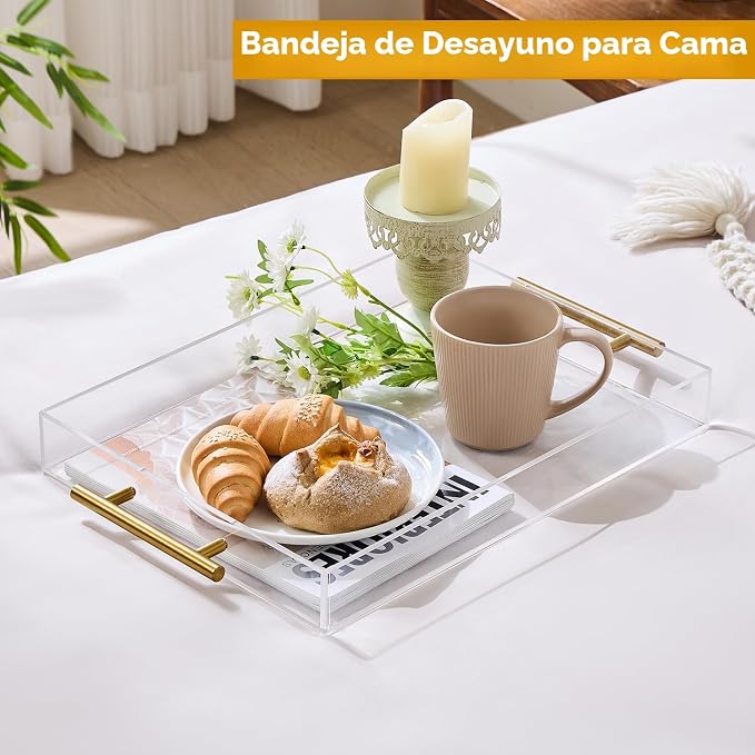 ⚠️ Le Falta 1 Tornillo de la Agarradera — Bandeja Acrílico Transparente 12x16" con Asas Doradas, Gran Capacidad