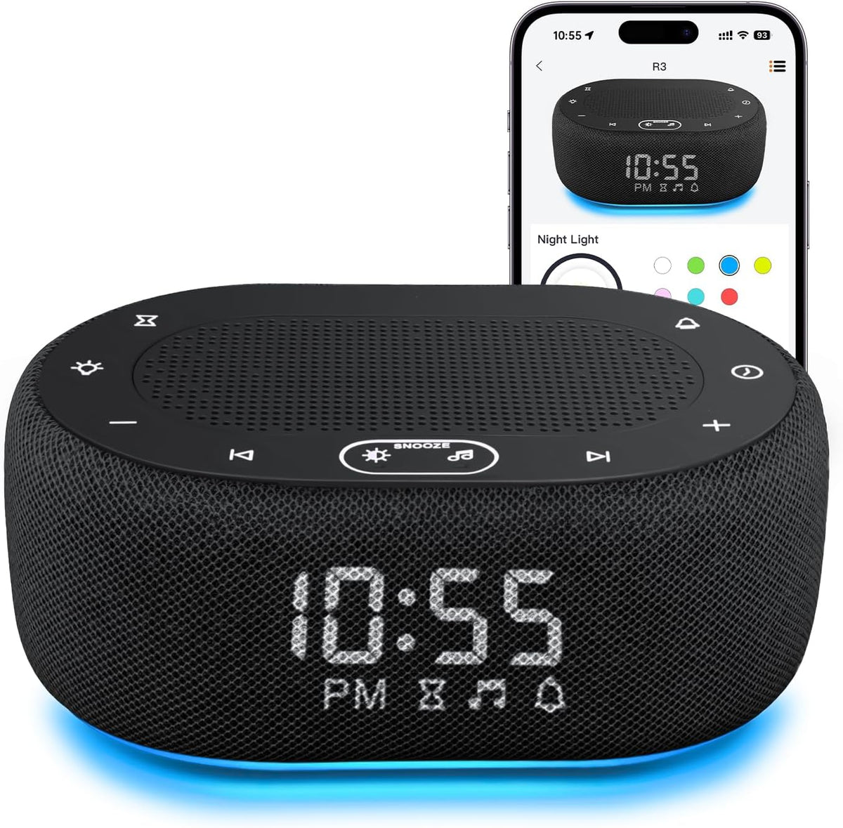 Máquina de Ruido Blanco 1Mii con Reloj Despertador, 30 Sonidos Relajantes, Control por App Inteligente, Luz Nocturna 7 Colores Regulable, Temporizador de Sueño, Volumen Ajustable