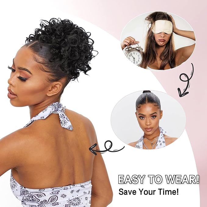 Cola de Caballo Rizada DOROJJ para Mujeres – Moño Desordenado de Cabello Sintético | Negro Natural | Uso Diario