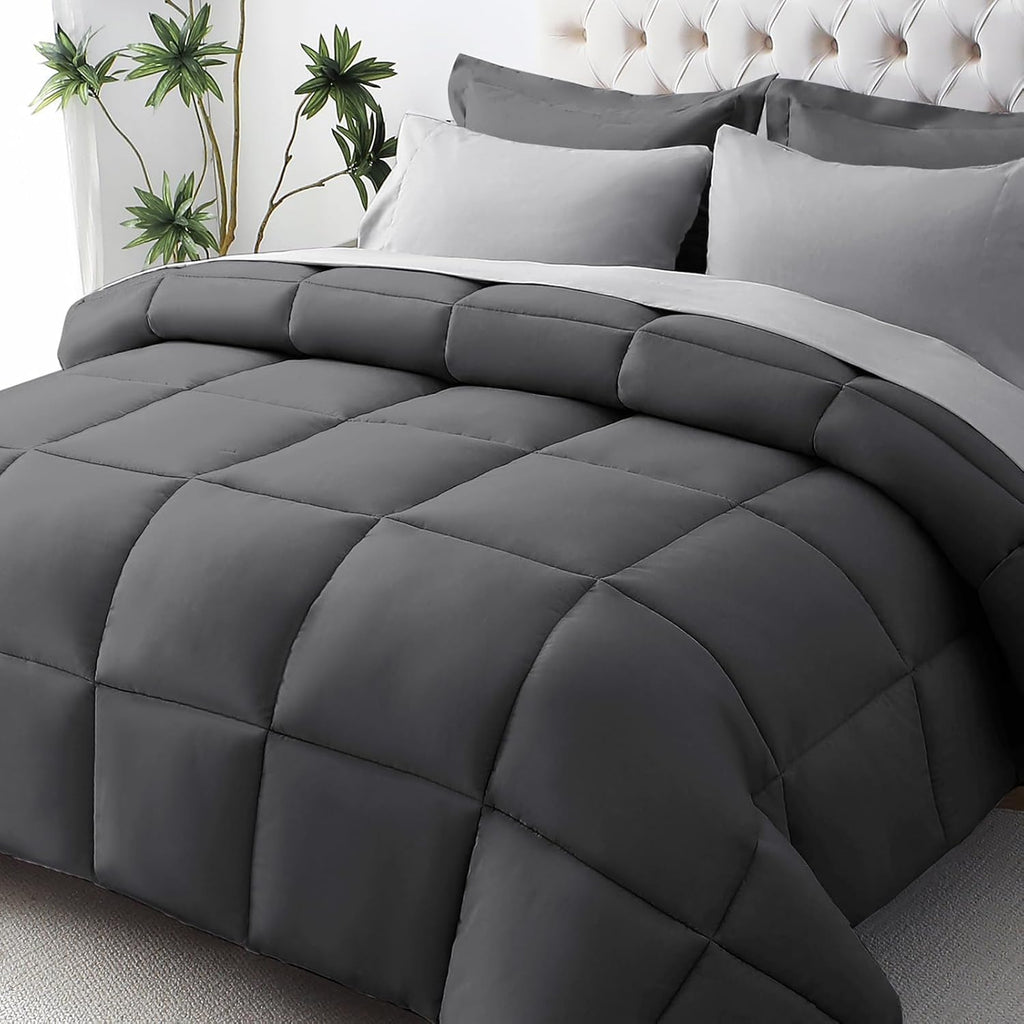 JOLLYVOGUE Queen Comforter Set, Ultra-Soft Bed in a Bag Queen Size 7 Pieces, Oeko-TEX Certified Bedding Set with Down Alternative Comforter, Sheets, Pillowcases & Shams, Dark & Light Grey