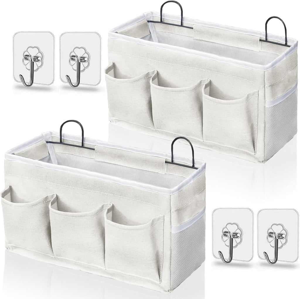 Kanrichu Set de 2 Bolsas Organizadoras Colgantes de Pared | Canastas de Lino con Bolsillos | Almacenamiento para Dormitorio, Cocina, Oficina y RV Camper | Blanco