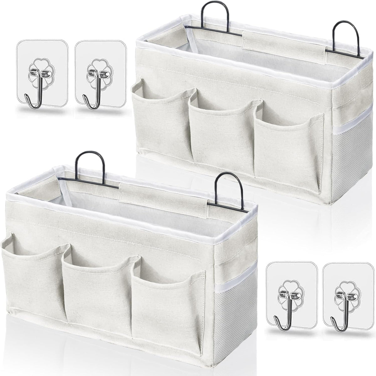 Kanrichu Set de 2 Bolsas Organizadoras Colgantes de Pared | Canastas de Lino con Bolsillos | Almacenamiento para Dormitorio, Cocina, Oficina y RV Camper | Blanco