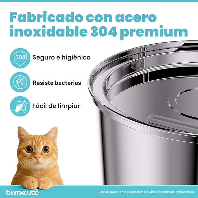 Fuente de agua para gatos Tomxcute, dispensador automático de agua para mascotas de acero inoxidable de 3,2 L/108 oz, bomba ultrasilenciosa y 3 filtros de repuesto para gatos, perros y otras mascotas.