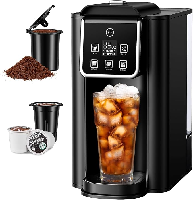 SHARDOR Cafetera Individual 2.0 | Café Caliente y Frío | Compatible K-Cup y Café Molido | Tanque 50 oz | Acero Inoxidable Negro