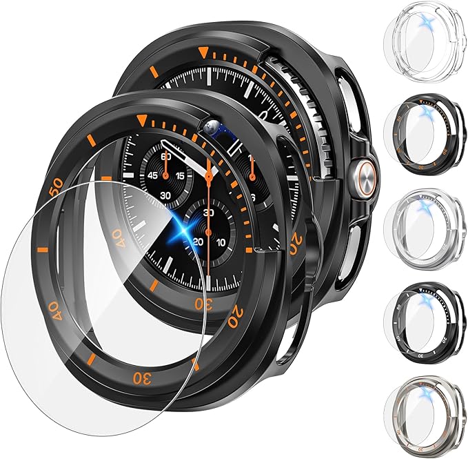 Tensea [Paquete de 5 + 5] Protector de pantalla para Samsung Galaxy Watch 8 Classic de 46 mm, Estuche, Funda dura de policarbonato/Película protectora de vidrio templado antiempañamiento HD