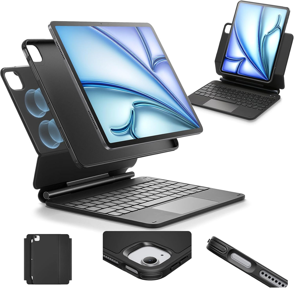 Funda ESR para iPad Air de 11 pulgadas con teclado M4/M3/M2 (2026/2025/2024) y iPad Pro 11/Air de 5.ª/4.ª generación, soporte magnético de fácil ajuste, modos vertical/elevado, con funda protectora extraíble, color negro.