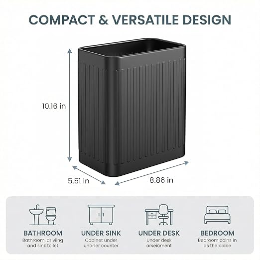 TrashAid Cubo de basura pequeño para baño, 2.1 galones, color negro, cesta de basura de acero inoxidable para oficina, debajo del escritorio, dormitorio, caravana, color negro mate