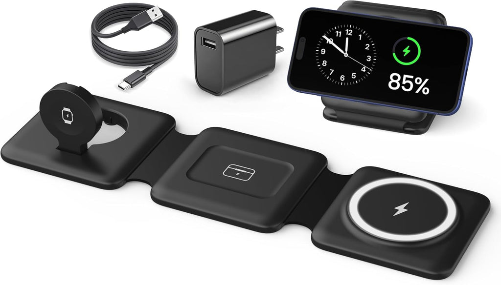 Estación de Carga Inalámbrica Magnética 3 en 1 para iPhone, Apple Watch y AirPods | Plegable para Viaje | 1 Unidad
