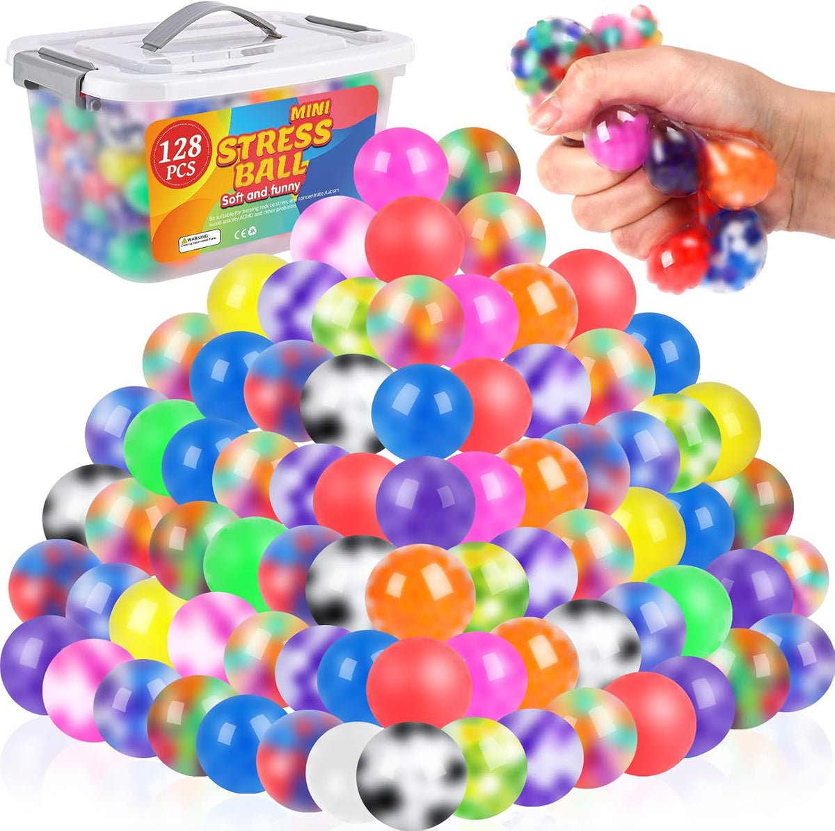 Paquete de 128 pelotas antiestrés VISCOO para adultos, pelotas blandas a granel, juego de pelotas antiestrés sensoriales, pelotas antiestrés y anti-ansiedad para relajarse, caja de premios para el aula, recuerdos de fiesta, regalos de cumpleaños