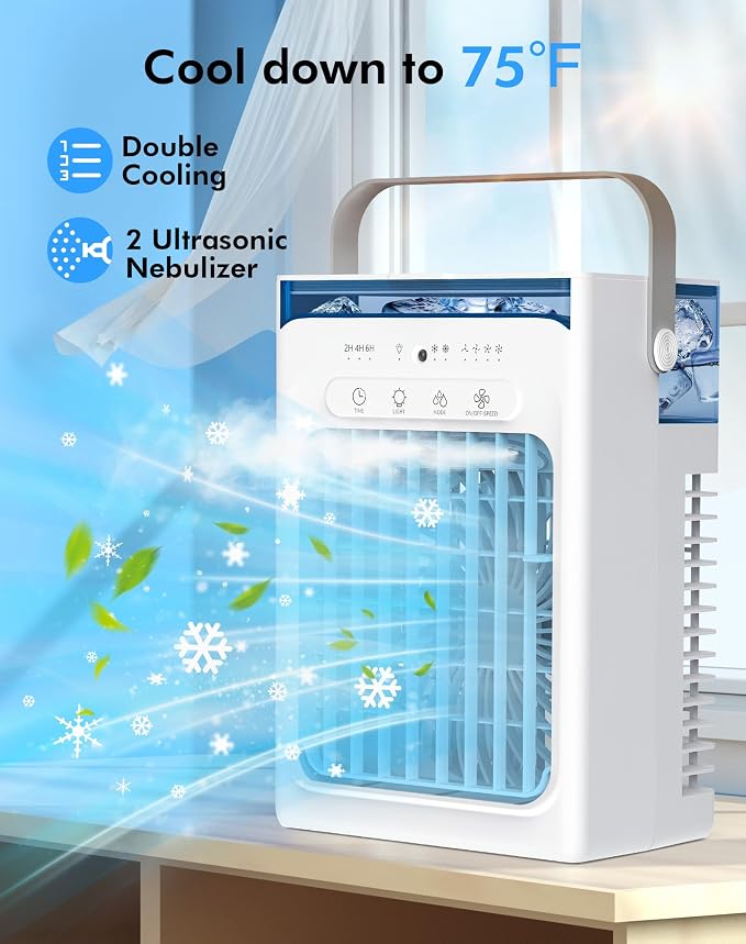 El control remoto NO funciona con este producto.Aire acondicionado portátil, enfriador de aire evaporativo personal mini AC con control remoto, 4 velocidades de viento, temporizador de 2-4-6 horas, 2 modos, luz nocturna colorida