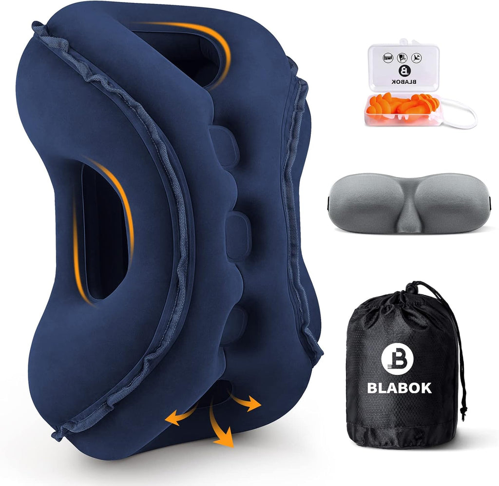 Inflatable Travel Neck Pillow - Ergonomic Multi-Angle Support, Quick Inflate/Deflate Valve, Includes Eye Mask & Earplugs, Portable Travel Bag - For Airplane, Train, Car, Office (Blue)