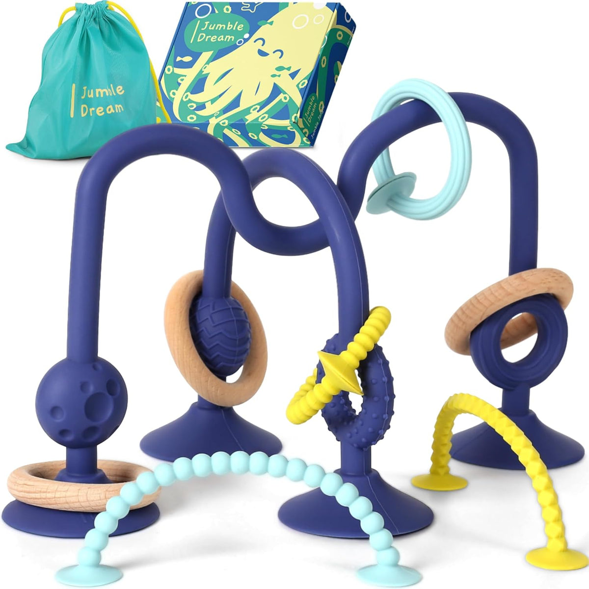 Jumble Jangle Juguetes Dentición Bebé - Libre BPA, Juguetes Silla Alta Multipropósito Juguetes Sensoriales Niños Autismo: Alivio Dentición Succión Texturas Sensoriales Bebés Pequeños (Oscuro)
