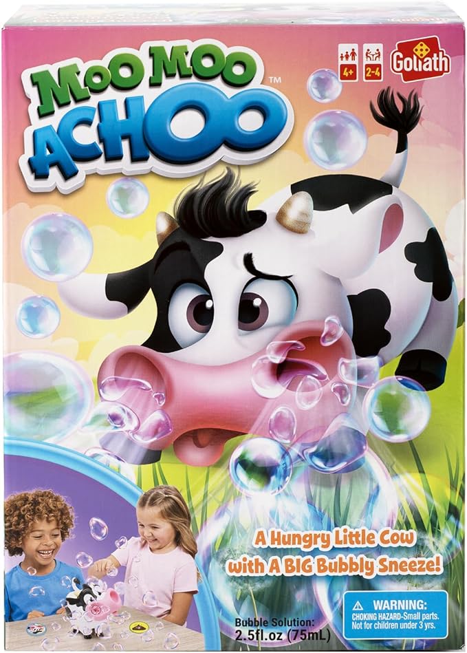 Juego Goliath Moo Moo Achoo | Reúne cartas de trébol antes de que la vaca estornude | Burbujas reales | 2-4 jugadores | A partir de 4 años