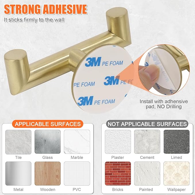 YUET Ganchos Doble Adhesivos para Pared, 2 Piezas Soporte de Pared para Toallas de Baño, Acero Inoxidable, Colgador sin Taladrar Cocina, Dorado