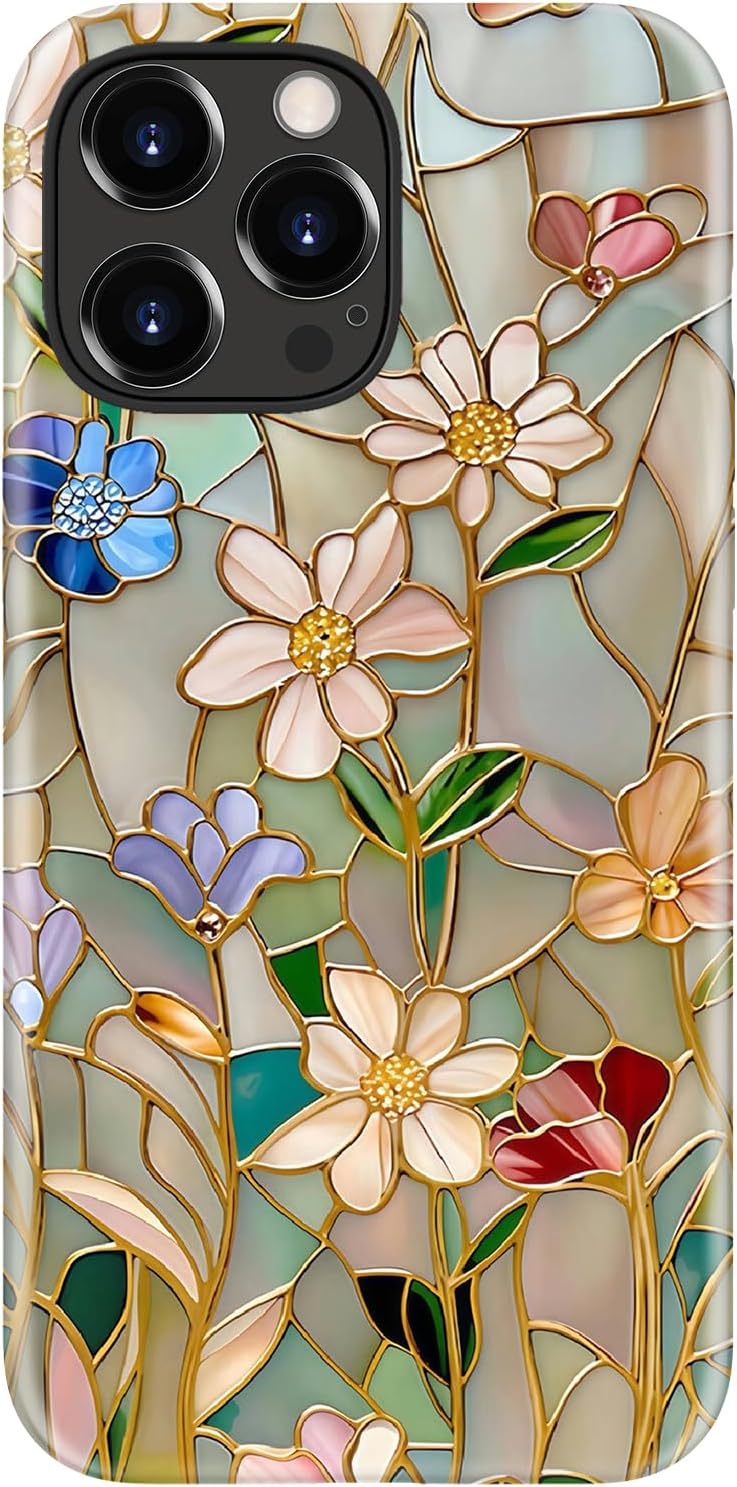 Funda Goodon para iPhone 15 Pro Max, diseño bonito y estético de vidriera con mosaico vintage, estampado floral brillante, compatible con MagSafe, funda protectora de silicona moderna y elegante estilo Y2K para mujeres y niñas.
