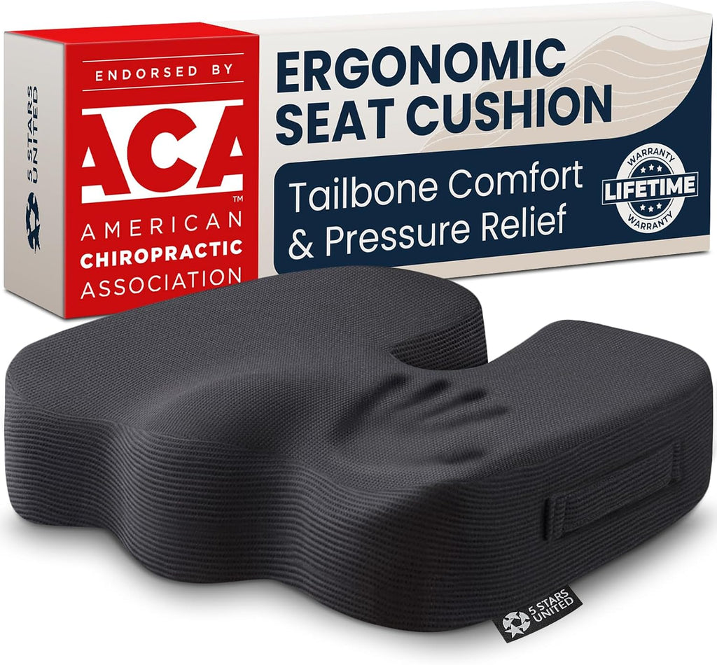 5 STARS UNITED Cojín de Asiento | Espuma Viscoelástica para Alivio del Coxis | Soporte Ergonómico para Ciática | Oficina, Auto, Silla de Ruedas y Avión | Negro