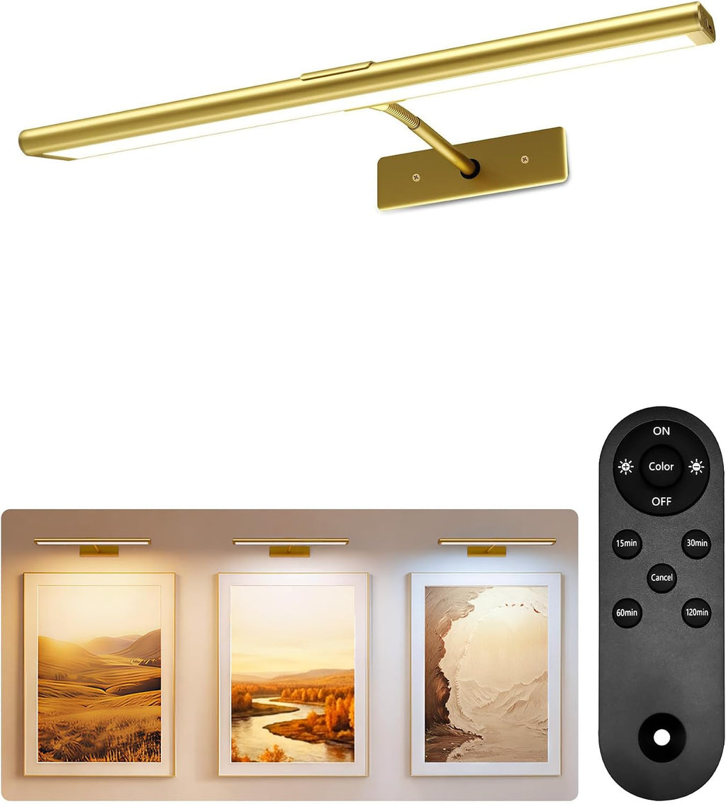 Lámpara de pared EZVALO para cuadros, recargable con mando a distancia inalámbrico de 4800 mAh, luz LED magnética regulable de 40 cm con 3 temperaturas de color, ideal para galerías, salas de estar, dormitorios y pasillos (dorada).