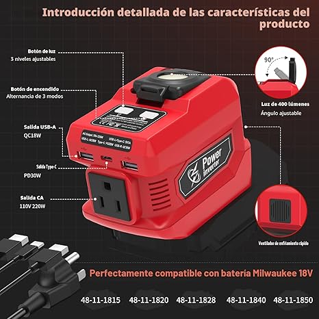 Inversor de Corriente 220W Compatible con Batería Milwaukee 18V – DC a AC 110V, USB, Type-C y Luz LED 400LM