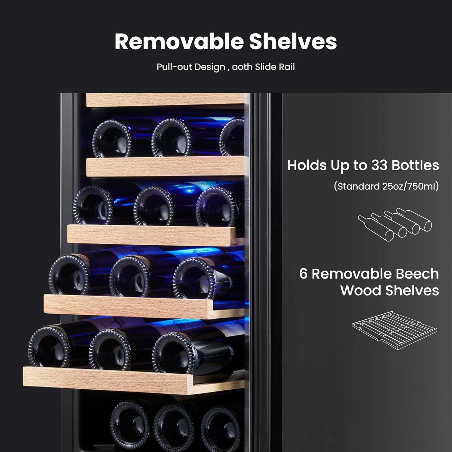 Yeego Wine Fridge Cooler - 15 Inch Wine Fridge Hold 33 Bottles