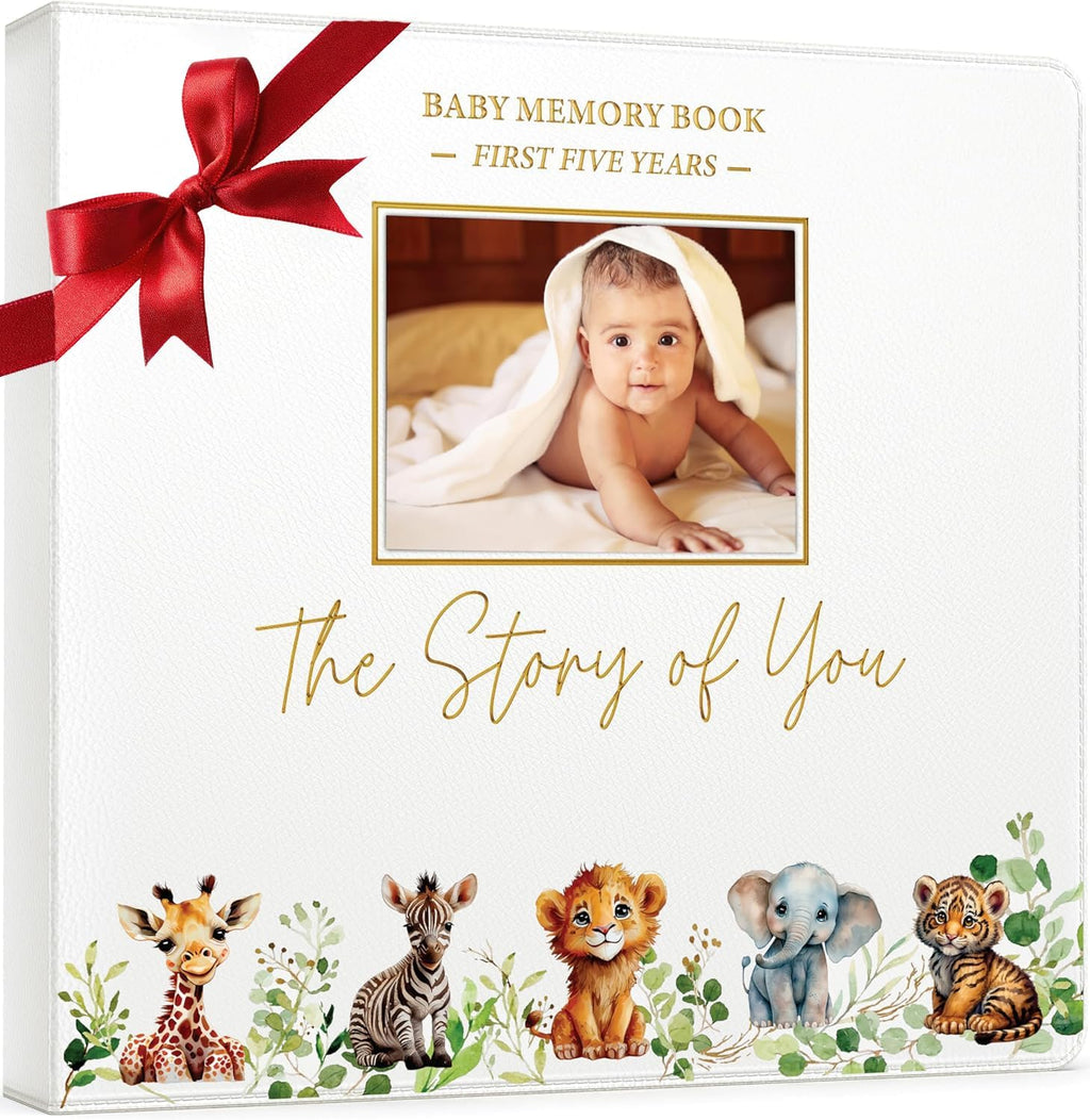 Libro de Recuerdos del Bebe | Album de Memorias Primeros 5 Anos para Nino o Nina | Cuero Sintetico Neutro Tema Safari con Estampado Dorado