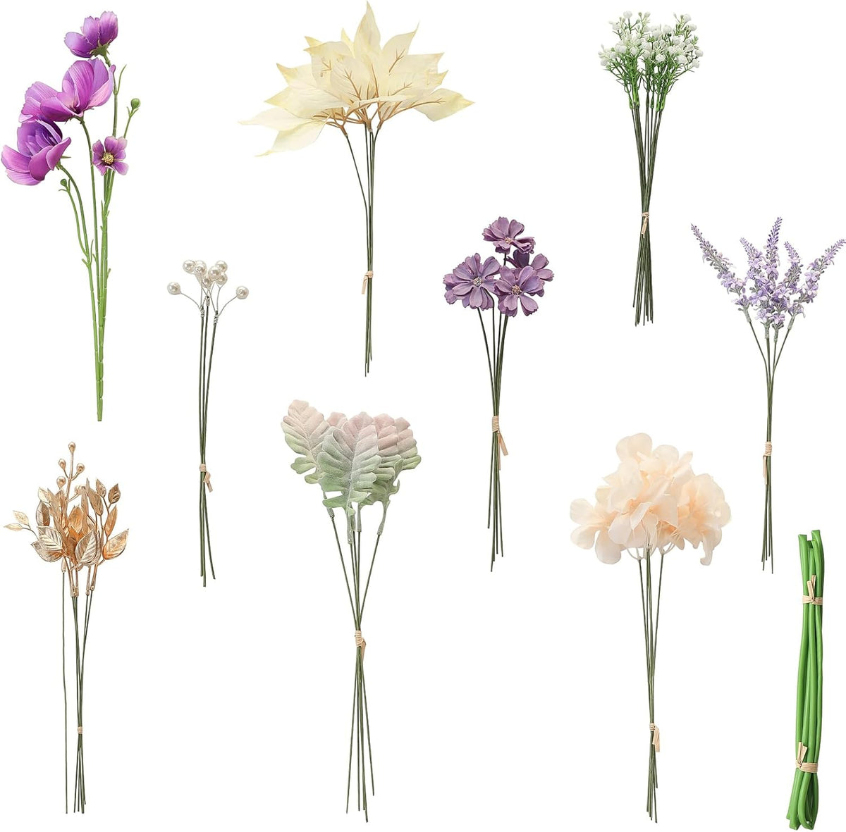 Juego de tallos de follaje artificial Floroom, 45 piezas con 9 tipos de flores artificiales para ramos de novia, arreglos florales para bodas y centros de mesa, color lavanda y dorado.