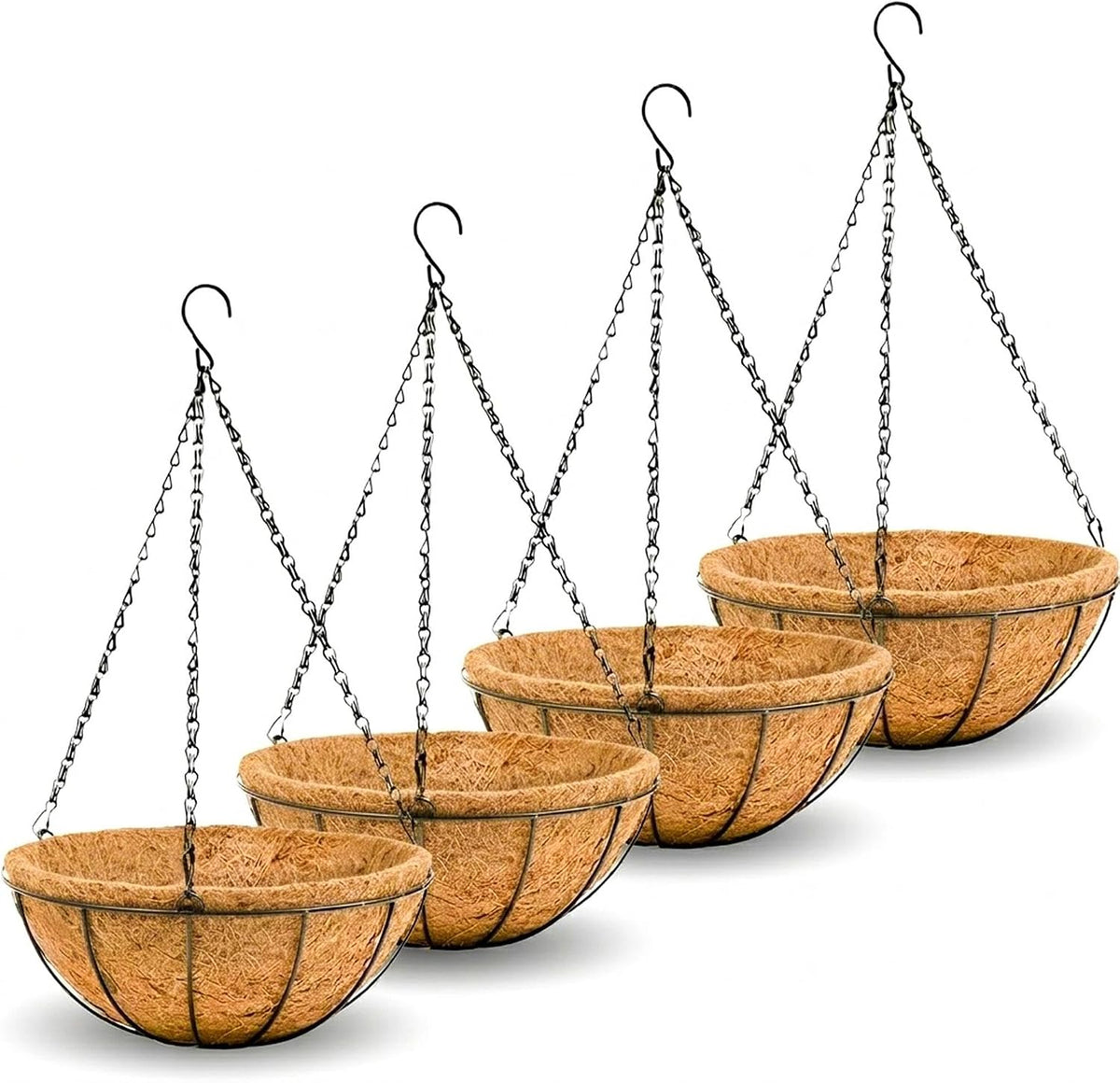 Set de 4 Maceteros Colgantes de Metal 8" con Forro de Fibra de Coco – Para Jardín, Patio y Porche