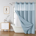 eachope Cortina de Bano de Lino Texturizado sin Ganchos | Set con Forro de Tela a Presion, Impermeable Lavable con Ventana de Malla 71x74 (Verde Azulado)
