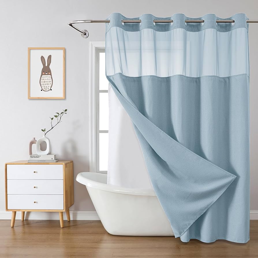 eachope Cortina de Bano de Lino Texturizado sin Ganchos | Set con Forro de Tela a Presion, Impermeable Lavable con Ventana de Malla 71x74 (Verde Azulado)