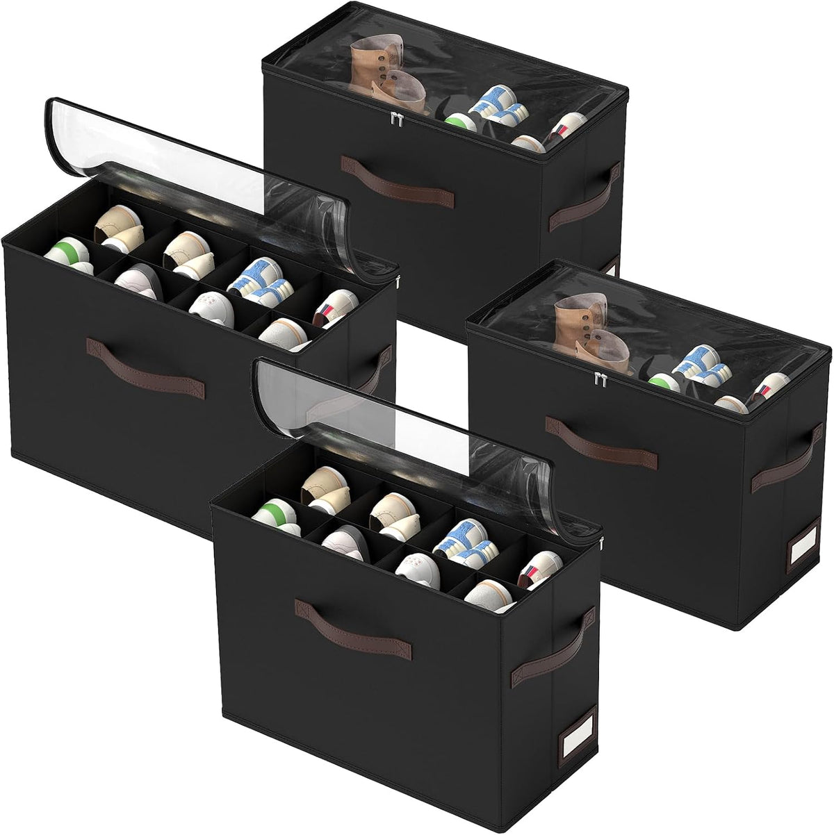 OIAHOMY Pack de 4 organizadores de zapatos para armario, cajas plegables para guardar zapatos con separadores ajustables, cajas apilables de tela Oxford para zapatillas, ideales para la entrada o el dormitorio, con capacidad para hasta 32 pares, color