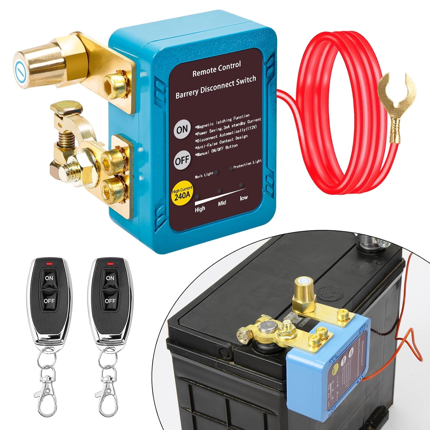 Remote Battery Disconnect Switch 12V 240A - Upgraded Smart Voltage Car Kill Switch - Anti-Theft Battery Drain Prevention - Side Installation for Car, Truck, RV - Includes 1 Remote Control