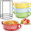 Acshio Set of 4 French Onion Soup Bowls with Handles, 20 Oz Ceramic Multicolor Soup Bowls with Organizer Rack, Stackable Soup Serving Crock for Beef Stew, Pasta, Cereal, Pot Pies