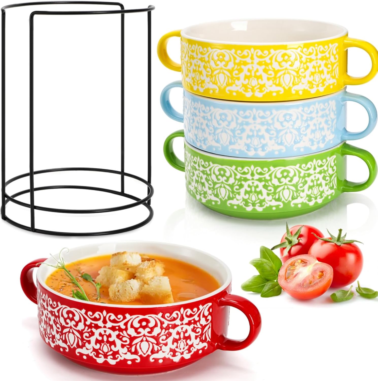 Acshio Set of 4 French Onion Soup Bowls with Handles, 20 Oz Ceramic Multicolor Soup Bowls with Organizer Rack, Stackable Soup Serving Crock for Beef Stew, Pasta, Cereal, Pot Pies