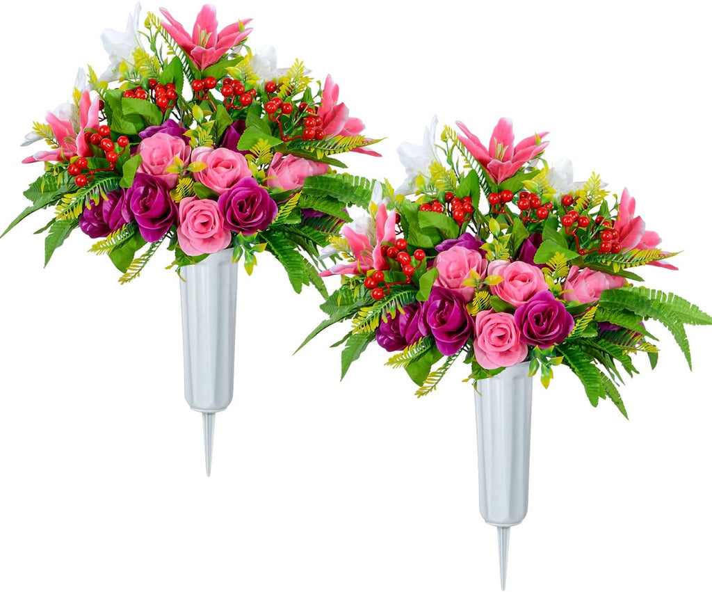 XONOR Flores artificiales para cementerio con jarrón, juego de 2 ramos de rosas y lirios artificiales para decoración de lápidas en cementerios