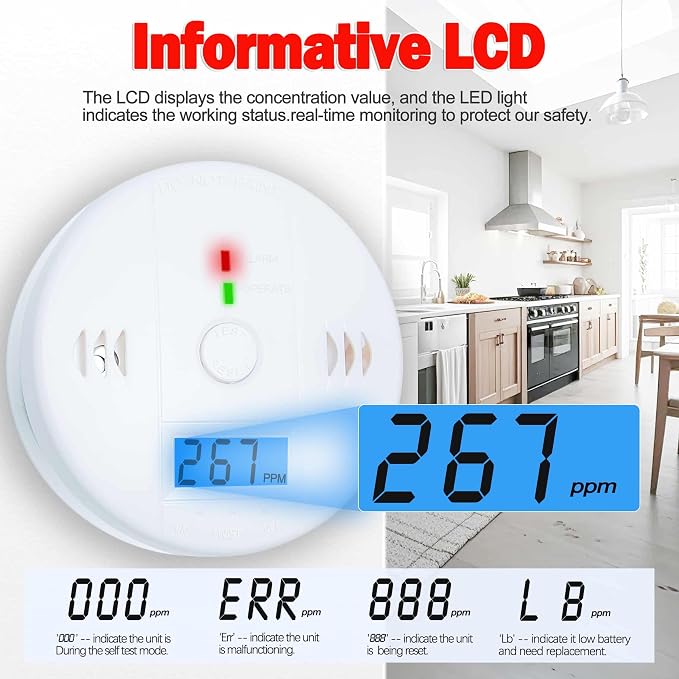 Paquete de 3 detectores de monóxido de carbono, detector de CO, alarma de monóxido de carbono, detector de CO2 alimentado por batería con pantalla LCD, detector de monóxido de carbono, estándares UL2034