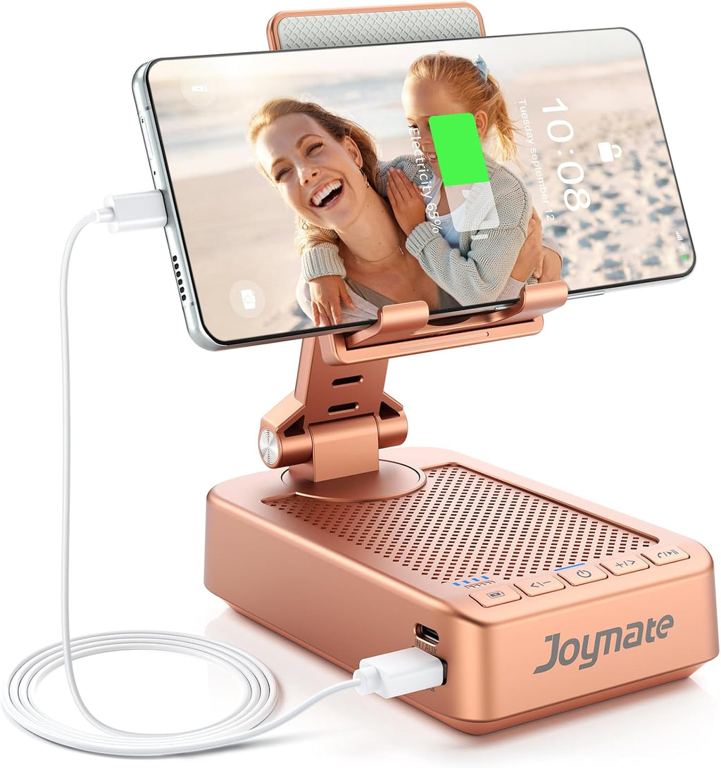 Joymate Gifts for Women Girls, Bluetooth Speaker Phone Stand with Charging Function 360° Rotable Adjustable Cell Phone Holder with HD Surround Sound for Desk Fits All Phones,Tablet (Rose Gold)