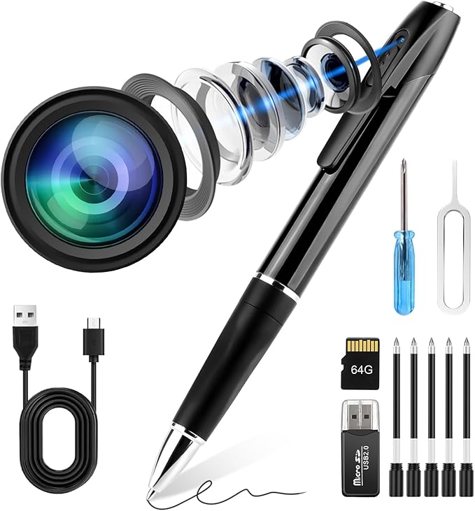 KQoolShuai Cámara Espía en Bolígrafo 1080P Full HD con Tarjeta 64GB y Carga USB