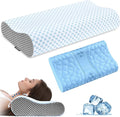 Almohada cervical de espuma viscoelástica, almohada refrescante de apoyo para el cuello para aliviar el dolor, almohada cervical ergonómica para dormir, almohada ortopédica de contorno para dormir de lado, espalda y boca abajo (azul y gris)
