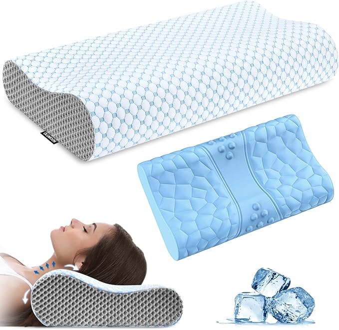 Almohada cervical de espuma viscoelástica, almohada refrescante de apoyo para el cuello para aliviar el dolor, almohada cervical ergonómica para dormir, almohada ortopédica de contorno para dormir de lado, espalda y boca abajo (azul y gris)