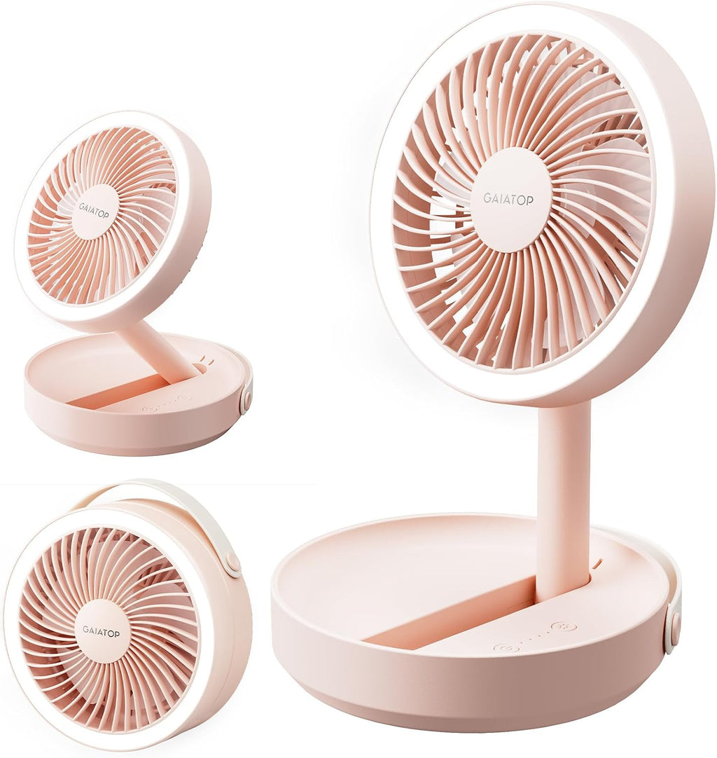 Gaiatop Ventilador de Escritorio Plegable Recargable 6000mAh | Luz LED Nocturna | Portátil USB Rosa