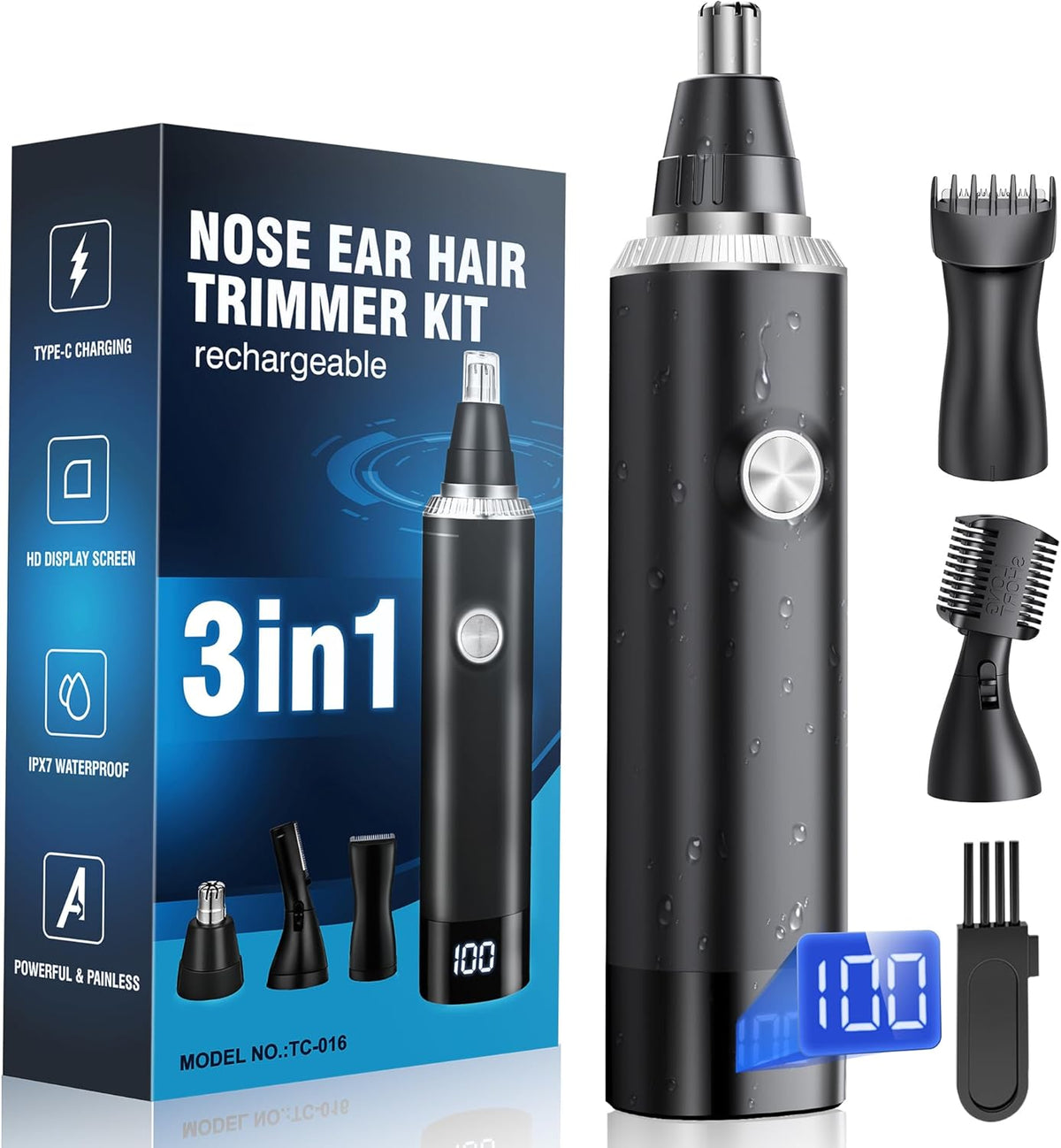 Recortadora de Vello Nasal para Hombre 3 en 1 | Profesional, Indolora, Recargable USB-C para Nariz y Cejas, Pantalla LED, Cuchillas Doble Filo, IPX7