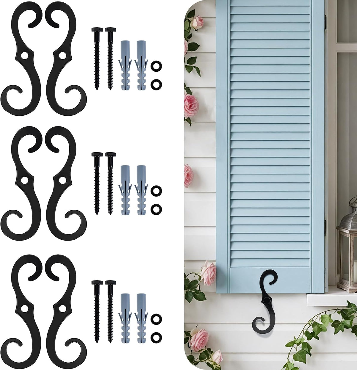 Ganchos Postigos Estilo S ComfyKit Paquete 6, 6.3 Pulgadas Negros Hardware Metal, Soportes Decorativos Ganchos Postigos con Tornillos Montaje, Sujetadores Tieback Postigos Exteriores Postigos Decorativos