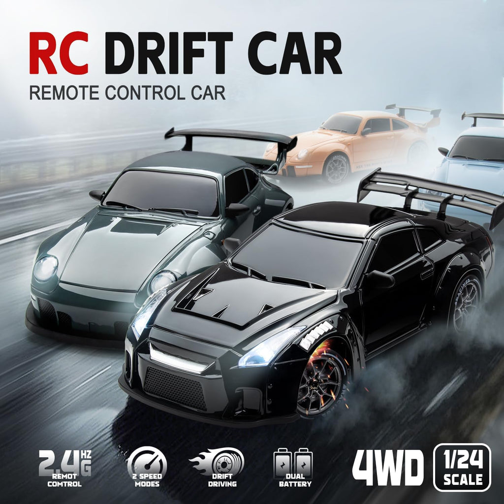 Auto RC Drift a Control Remoto Escala 1:24 – Luces LED, 2.4GHz, 20 km/h, 4WD, Llantas Drift y 2 Baterías, Color Negro