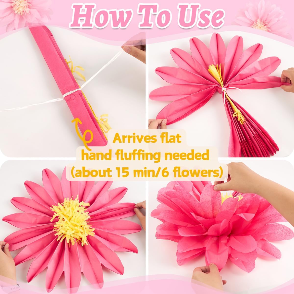 Flores de papel rosadas, 6 unidades, flores de papel grandes de 20 pulgadas para decoración de fiesta rosa, decoraciones de cumpleaños para niñas y mujeres, decoración de flores de papel