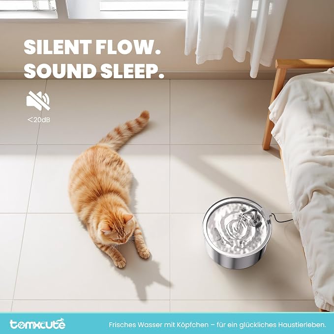 Fuente de agua para gatos Tomxcute, dispensador automático de agua para mascotas de acero inoxidable de 3,2 L/108 oz, bomba ultrasilenciosa y 3 filtros de repuesto para gatos, perros y otras mascotas.